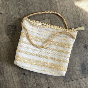 Vintage 1950s/1960s White and Yellow Nylon Purse with Metal Zipper - Rope Handle